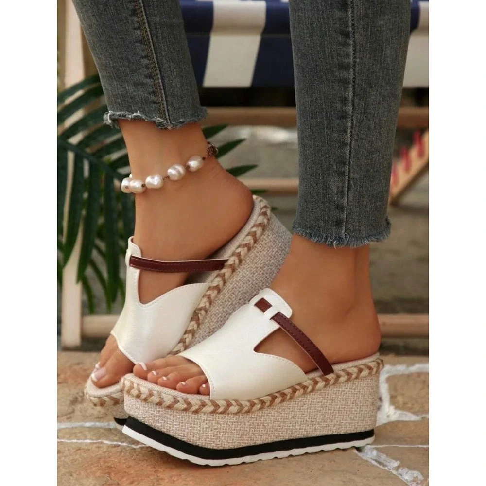 Cream Brown Espadrille Platform Wedge Sandals Mules Size 9 CN 41 Summer Boho